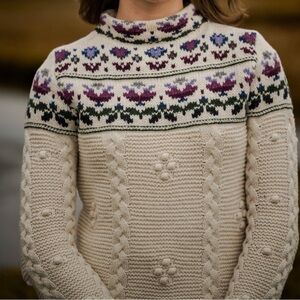 Lands’ End Grandmacore Chunky Cable Knit Turtleneck Sweater Sz XL Cozy 3% Wool